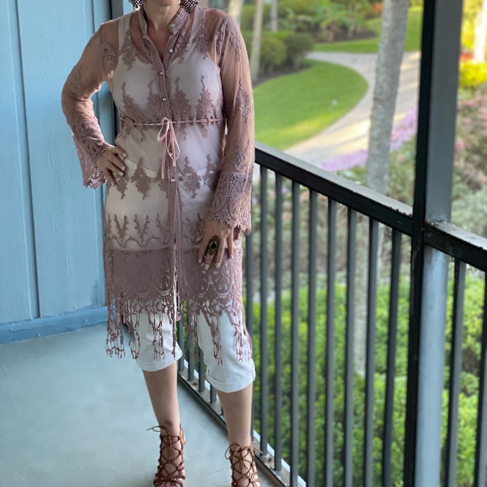 Long Lace jacket, mauve colored. Size Large